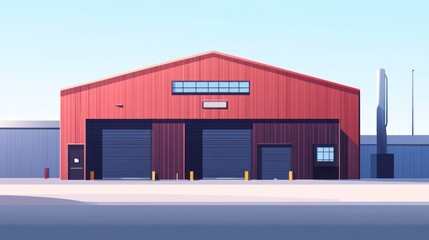 Red Warehouse with Roll-Up Doors in Sunny Environment, Shipping and Logistics