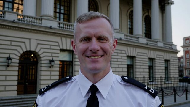 Portrait of smiling police officer in front of government building