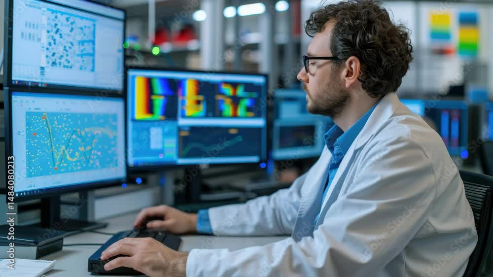 Poster scientist analyzing data on multiple computer screens in laboratory