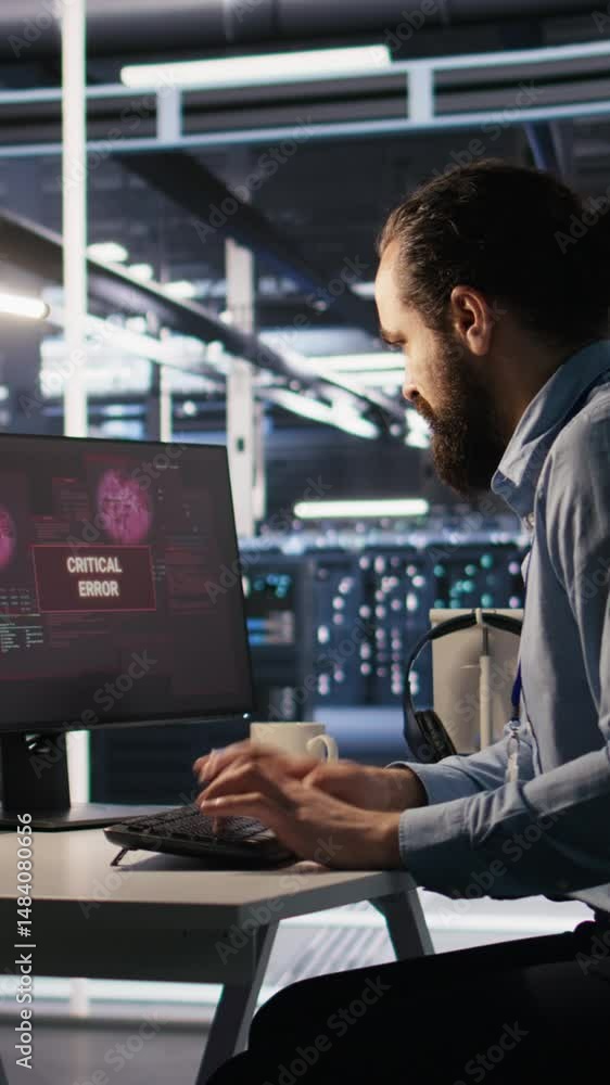 Poster vertical video engineer in data center frustrated by critical error popup on monitor during diagnost