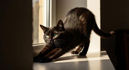 Black Cat Stretching on Windowsill Bathed in Sunlight Home Pet Relaxing in the Warmth Feline Grace...