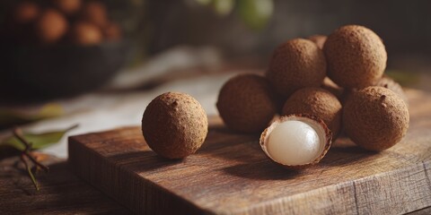 A close-up shot of longans on a wooden cutting board.  The warm lighting enhances the fruit's rich brown tones and creamy white interior.