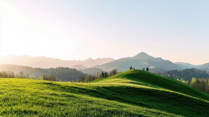 Naklejka premium Serene Sunrise Over Rolling Green Hills and Distant Mountain Range