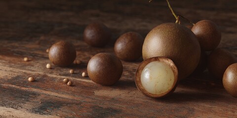 Close-up of brown fruits on a rustic wooden surface.  One fruit is cut open, revealing a creamy interior.