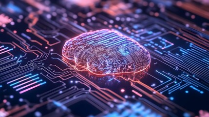 Digital brain superimposed on a circuit board.