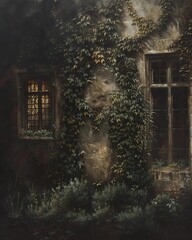 An overgrown castle wall, heavily covered in vines and plants, suggests a long period of abandonment, with intricate ironwork and weathered stone bearing the marks of time and elements.