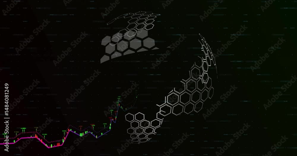 Aufkleber 3d hexagonal sphere rotating in dark scene, showing neon candlestick bars and dotted trend lines