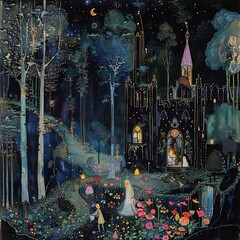 Obraz premium A mystical forest scene at night, illuminated by a crescent moon, featuring a medieval-style building, colorful flowers, and a figure with flowing hair, evoking a sense of enchantment and mystery.