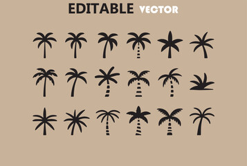 Collection of Fifteen Unique Black Palm Tree Icons Editable Vector Illustration