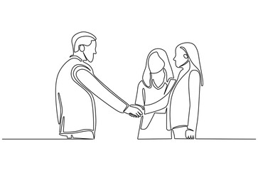 Continuous one line drawing of Business people do a negotiation. Single line drawing illustration of Business deal. Art of negotiation concept vector art. Doodle line illustration.