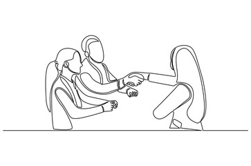 Continuous one line drawing of Business people do a negotiation. Single line drawing illustration of Business deal. Art of negotiation concept vector art. Doodle line illustration.