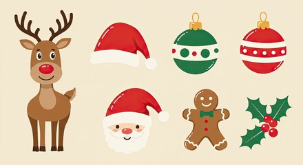 Naklejka premium Festive Christmas illustrations with reindeer, Santa, ornaments and gingerbread man