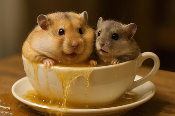 Two Cute Hamsters in a Honey-Filled Teacup – Adorable and Sticky Surprise