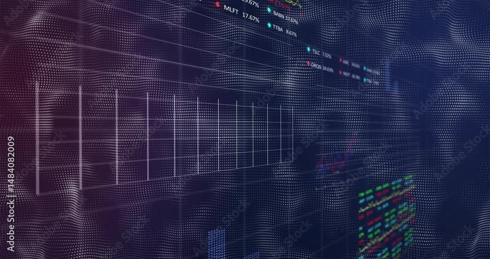 Aufkleber digital financial data animating in interface, showing dotted wave, grid chart, ticker arrows