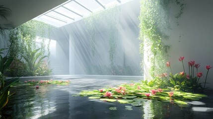 Fog collecting near ceiling from poorly ventilated indoor pond