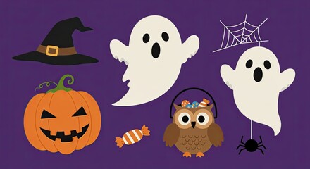 Festive Halloween-themed illustration with pumpkins, ghosts, and a spooky owl.