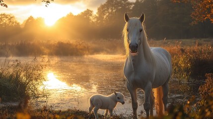 White Mare and Foal at Sunrise by a Misty Lake