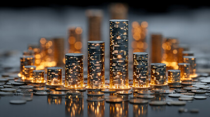 Blurry business hands protect glowing miniature buildings on coins, symbolizing an investment strategy in housing. The image conveys the idea of safeguarding real estate investments, with the bright t