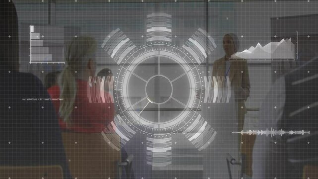 Woman presenting at board in business training, showing circular interface with charts and code