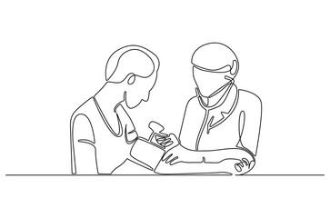 Continuous one line drawing of Nurse measuring blood pressure. Single line drawing illustration of Doctor checking blood pressure. Healthcare concept vector art. Doodle line illustration.