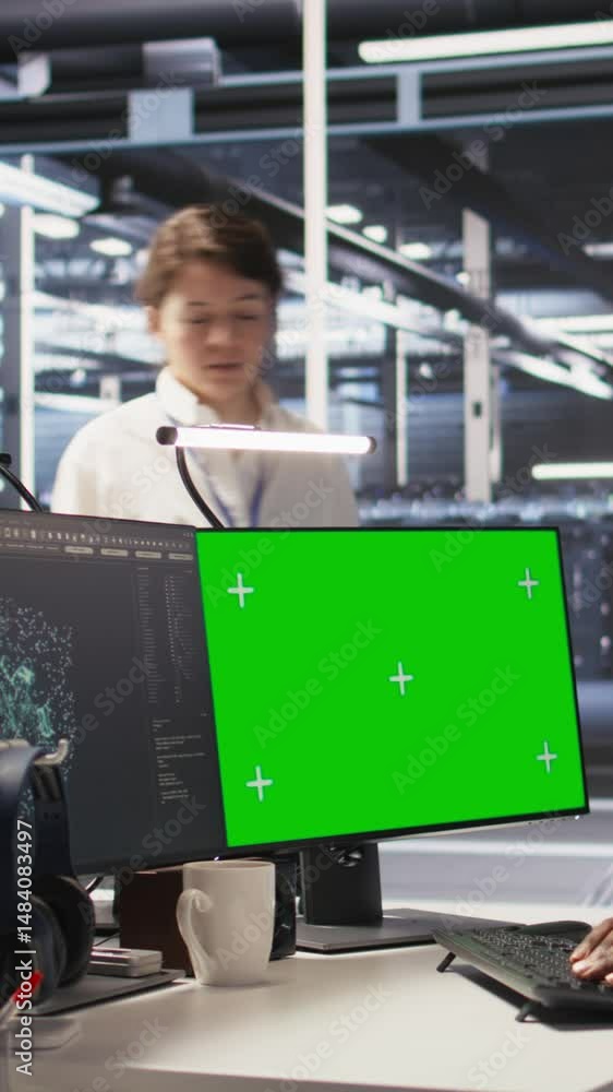 Poster vertical video data center admin using isolated screen pc to monitor neural network ai. server room 