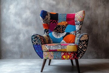 Vibrant patchwork armchair against a textured wall (1)
