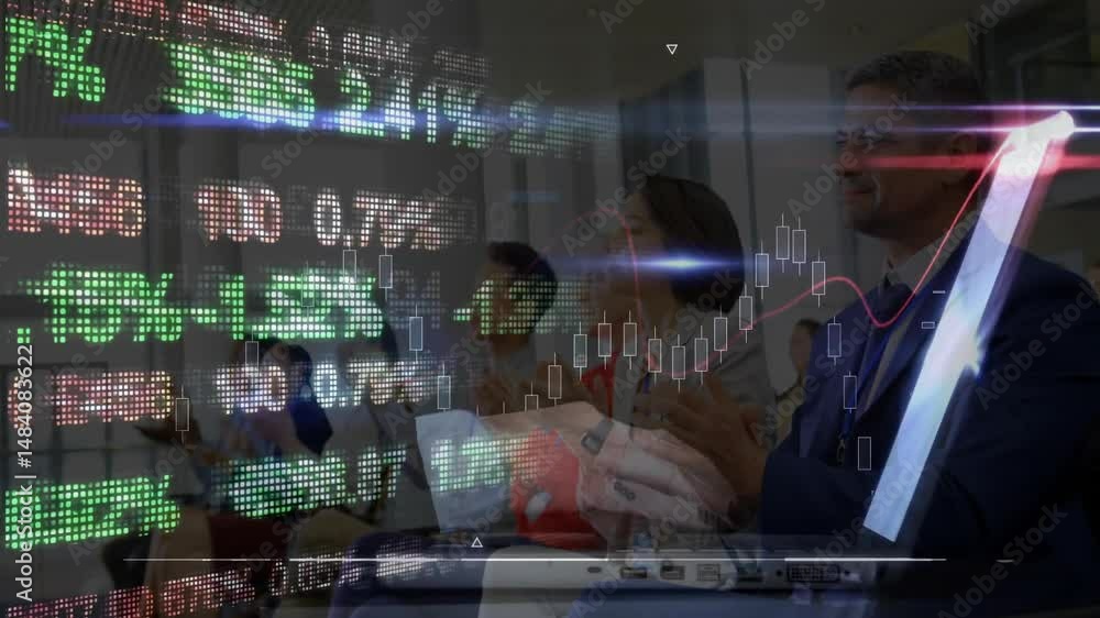Poster business professionals clapping and watching candlestick chart overlays with scrolling ticker data