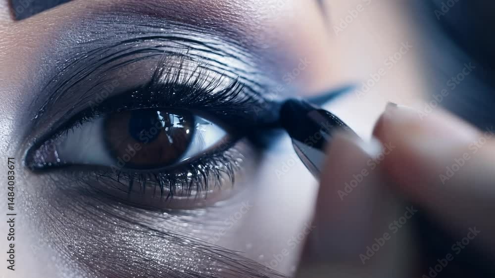Poster smooth pan video of precise application of black eyeliner creating a sharp wing, under cool ambient 