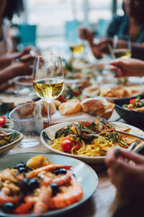 Group meal with seafood pasta, wine glasses and shared plates, vibrant casual dining setting, natural daylight, cozy and festive atmosphere