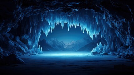 Hyperrealistic underwater crystal cave filled with glowing stalagmites, deep marine exploration scene