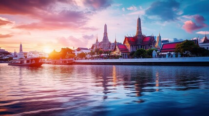 Obraz premium Sunset over Asian temple complex boats on calm river vibrant colors peaceful scene architectural details reflection in water tranquil atmosphere