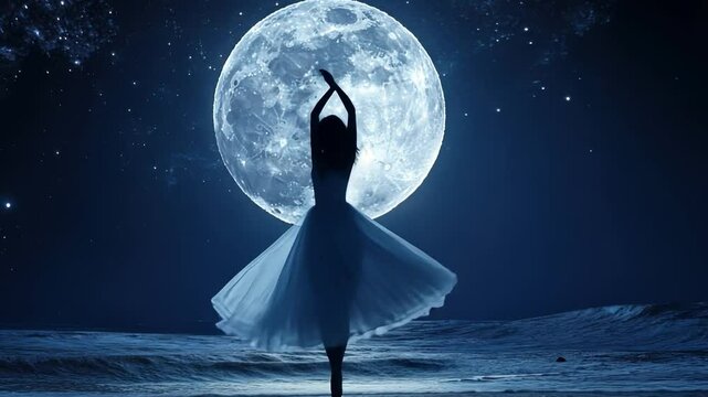 Lunar Ballerina: A graceful silhouette of a ballerina dances in the moonlight, with the majestic full moon as her backdrop and a touch of magic in the night sky.