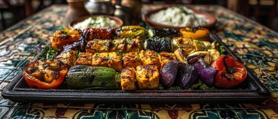 Fototapeta premium A delicious platter of grilled vegetables and marinated cubes of meat, served with a side of rice. A perfect meal!
