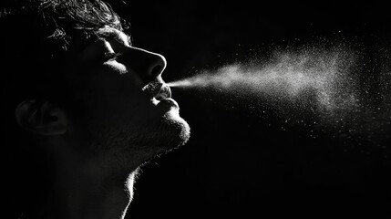 Man Exhaling Breath Vapor In Darkness