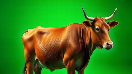 Brown Cow Standing on Vibrant Green Background – High Quality Image