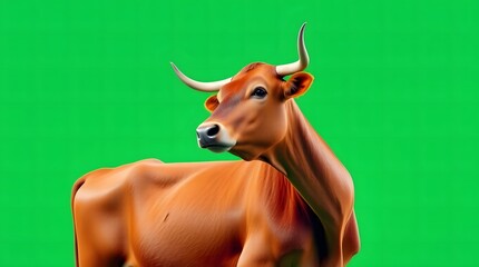 Brown Cow Standing on Vibrant Green Background – High Quality Image