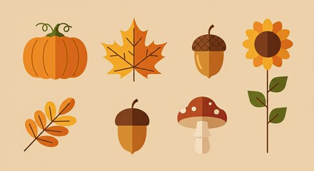 Flat lay illustration of autumnal elements on a warm beige background
