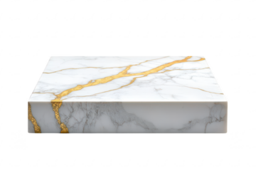 Square white marble pedestal with shiny gold vein texture for product display isolated on a transparent background