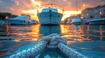 Sunset Harbor Scene Featuring Boats and a Knotted Rope