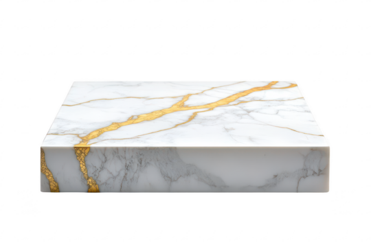 Square white marble pedestal with shiny gold vein texture for product display isolated on a transparent background