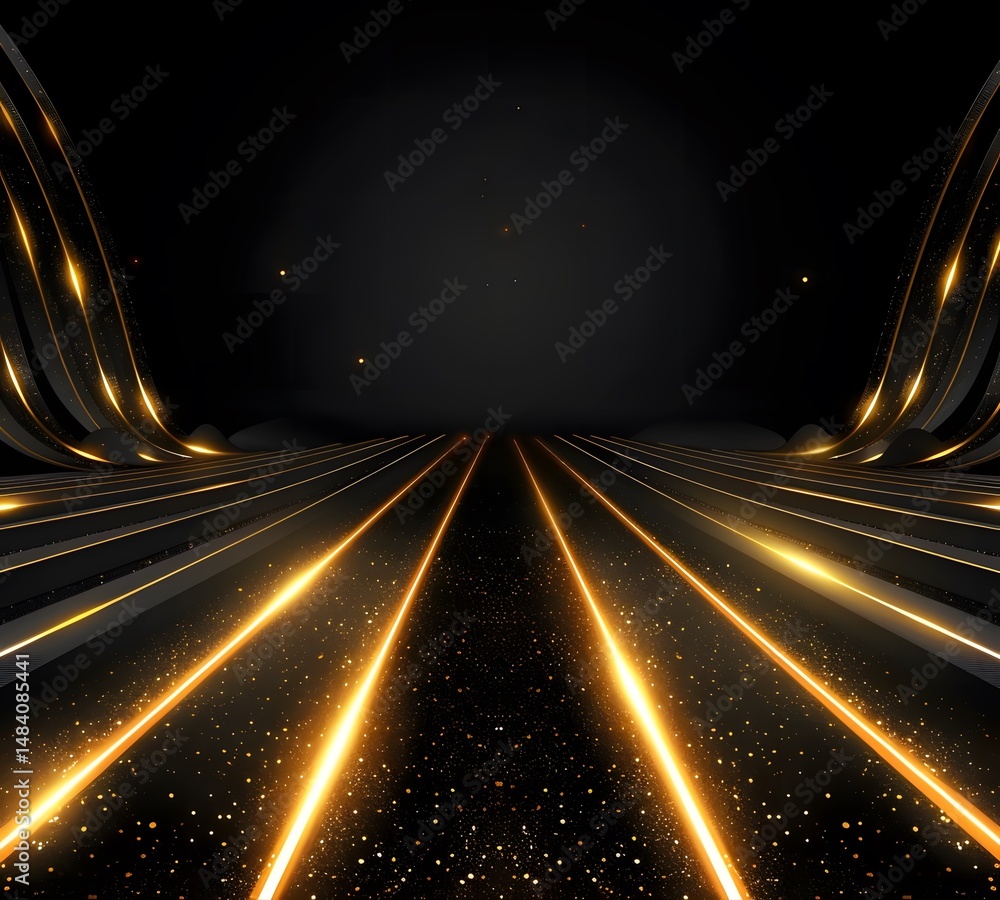 Poster abstract background with horizontal golden light beams and sparkling particles.