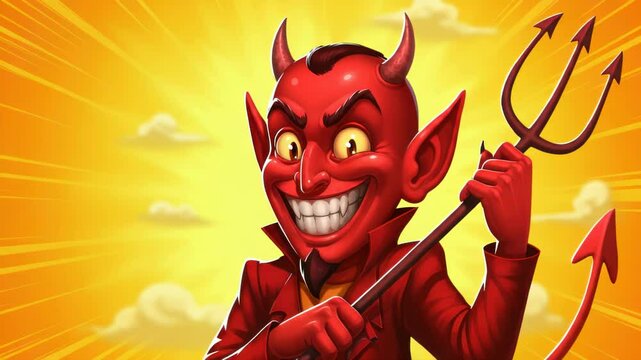 Mischievous Cartoon Devil Character Holding a Trident with a Smirking Expression