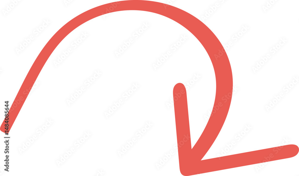 Poster hand drawn red curved arrow pointing downwards simple design element for website or app interface