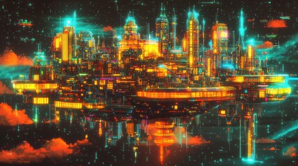 Fototapeta premium Luminous cyberpunk metropolis, reflecting neon lights in futuristic architecture