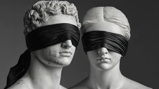 Blindfolded Stone Sculptures: Two stone statues, each with blindfolds, stand side-by-side in a composition of elegance.
