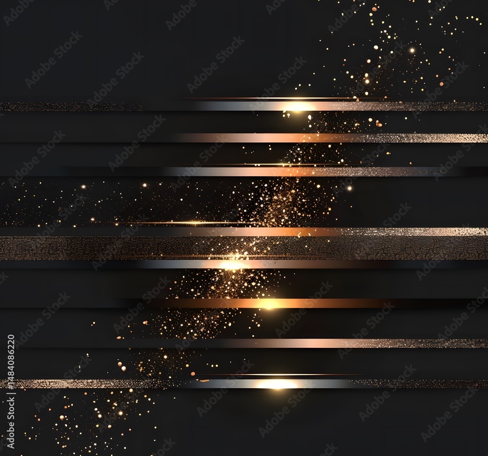 Poster abstract background with horizontal golden light beams and sparkling particles.