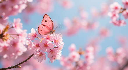 Pink Butterfly on Blossom Branch, Spring Flowers