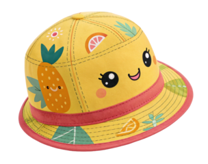 Playful Yellow Hat with Fruit Themes and Cheerful Design on a Transparent Background