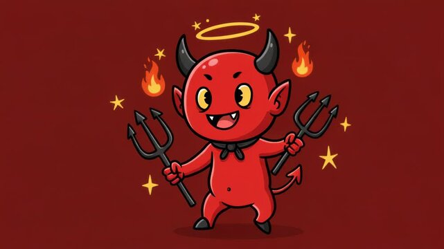 Playful Devil Cartoon Character Illustration with Halo and Pitchforks Design