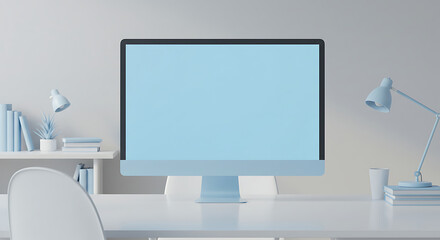 Fototapeta premium Modern Home Office Workspace: Desk with Computer, Lamps, and Books
